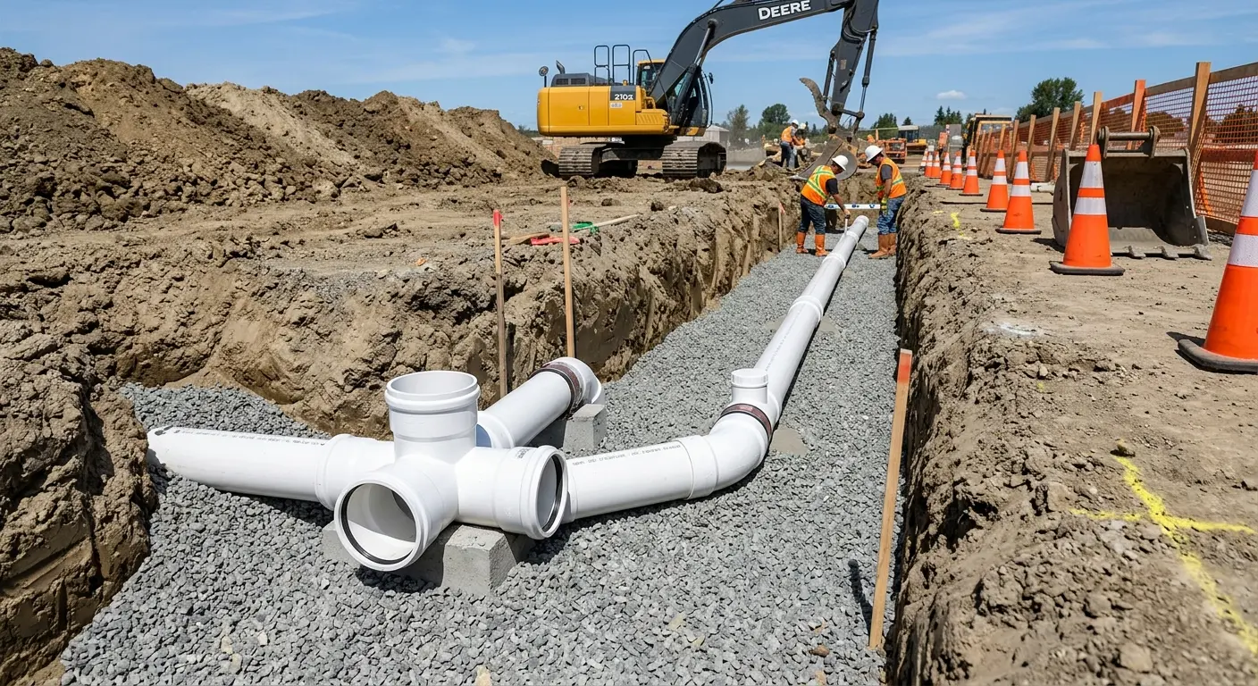 New PVC sewer pipe installation in open trench for Sewer Backup in Canal Winchester