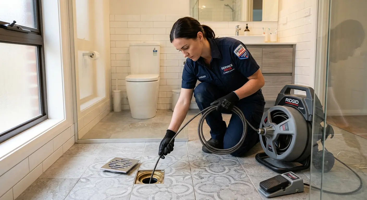 Technician clearing a bathroom floor drain for Sewer Line Replacement in Canal Winchester